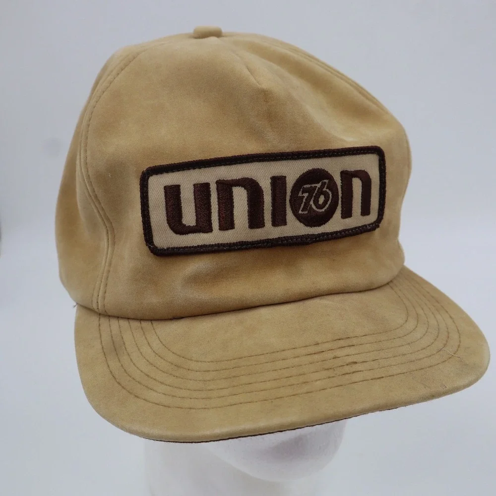 Rare Vintage Union 76 Gas Station Trucker Hat‎ Snapback Tan Faux Suede Patch Cap